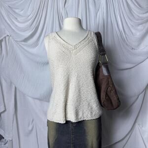 Indie Boho Cottage Casual Cream Sleeveless Knit Sweater Top (M)